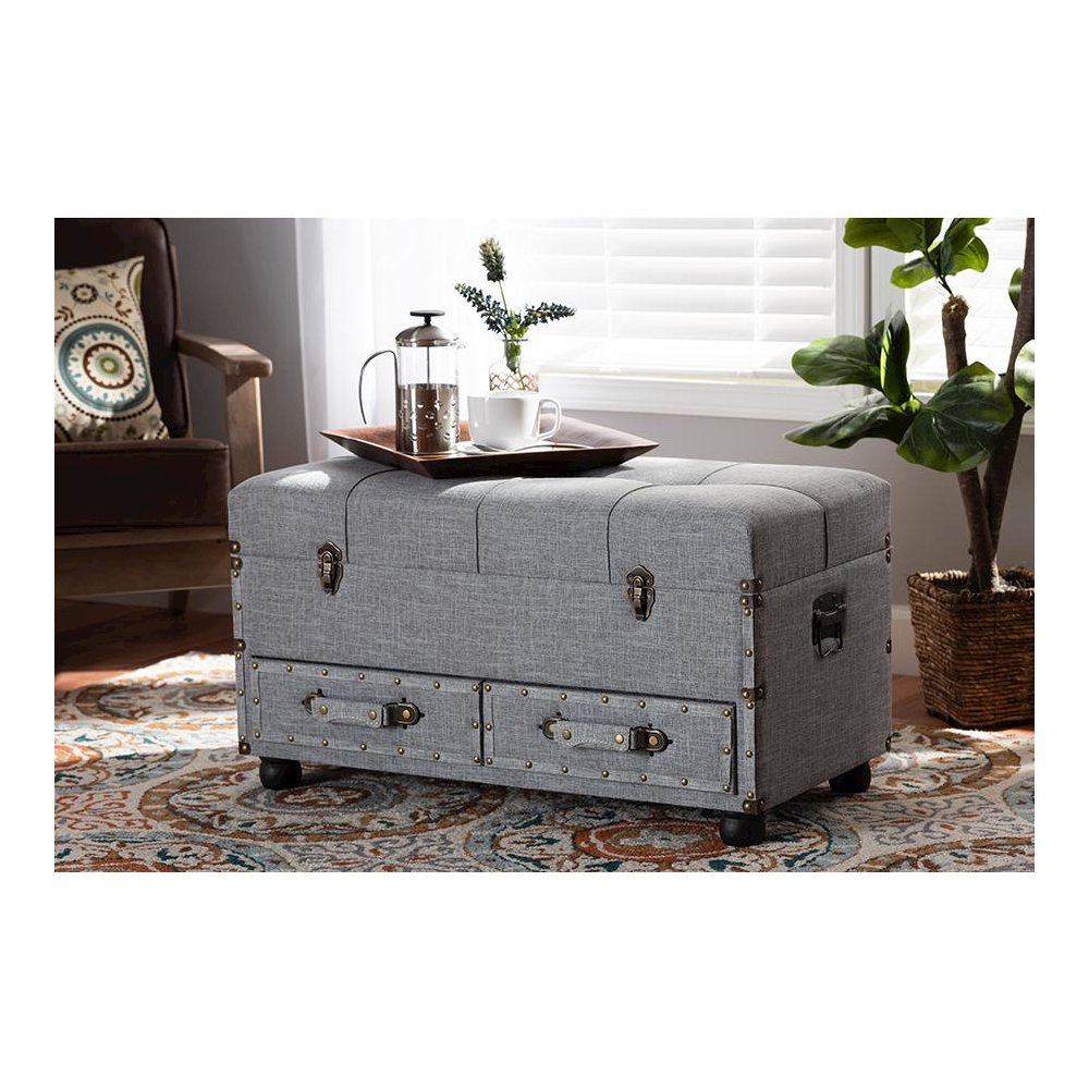 Flynn Modern Transitional Grey Fabric Upholstered 2-Drawer Storage Trunk Ottoman. Picture 9