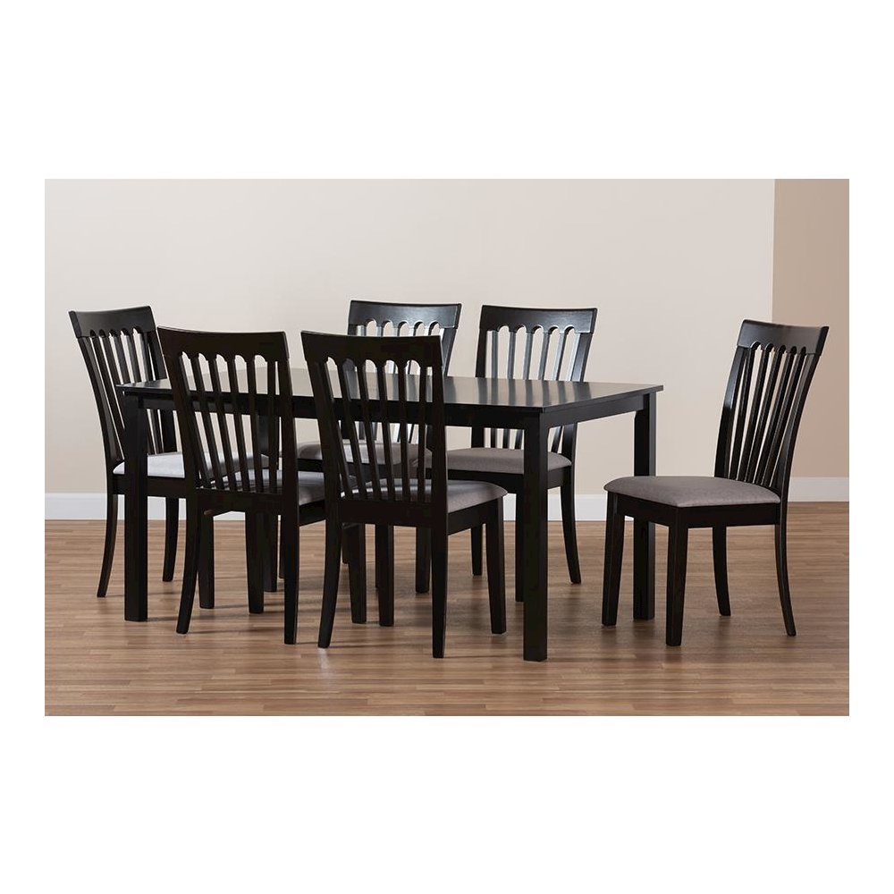 Gray Fabric Upholstered and Espresso Brown Finished Wood 7-Piece Dining Set. Picture 7