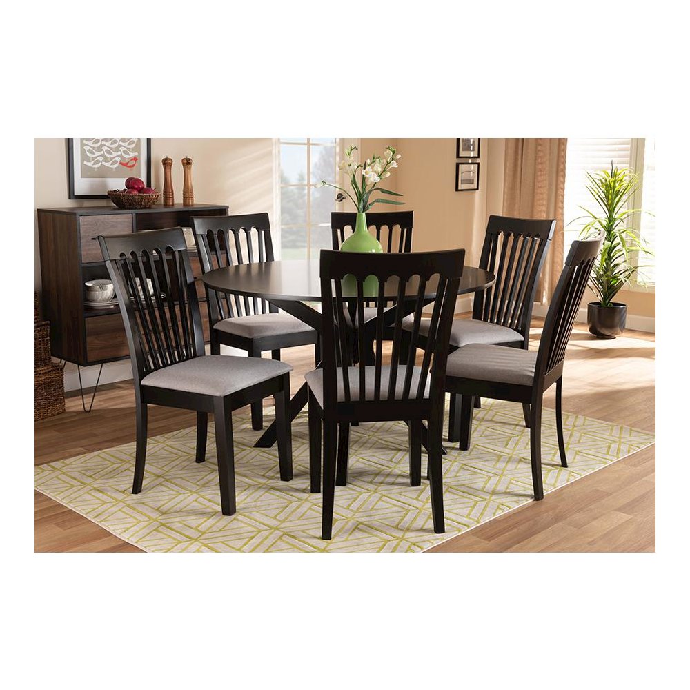 Grey Fabric Upholstered and Dark Brown Finished Wood 7-Piece Dining Set. Picture 7