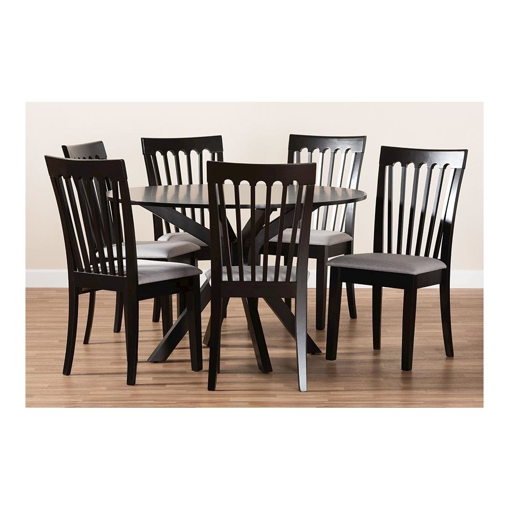 Grey Fabric Upholstered and Dark Brown Finished Wood 7-Piece Dining Set. Picture 8