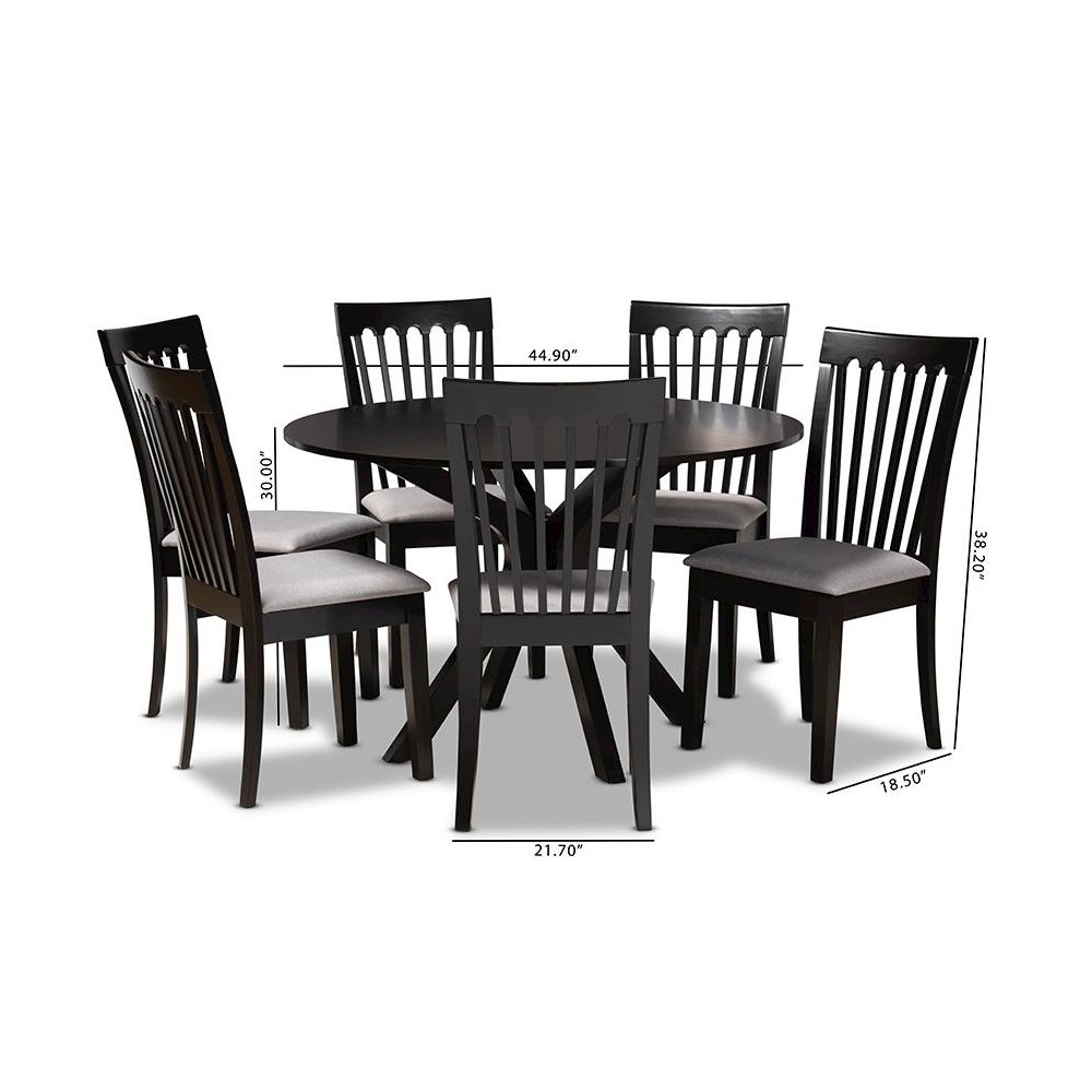 Grey Fabric Upholstered and Dark Brown Finished Wood 7-Piece Dining Set. Picture 9