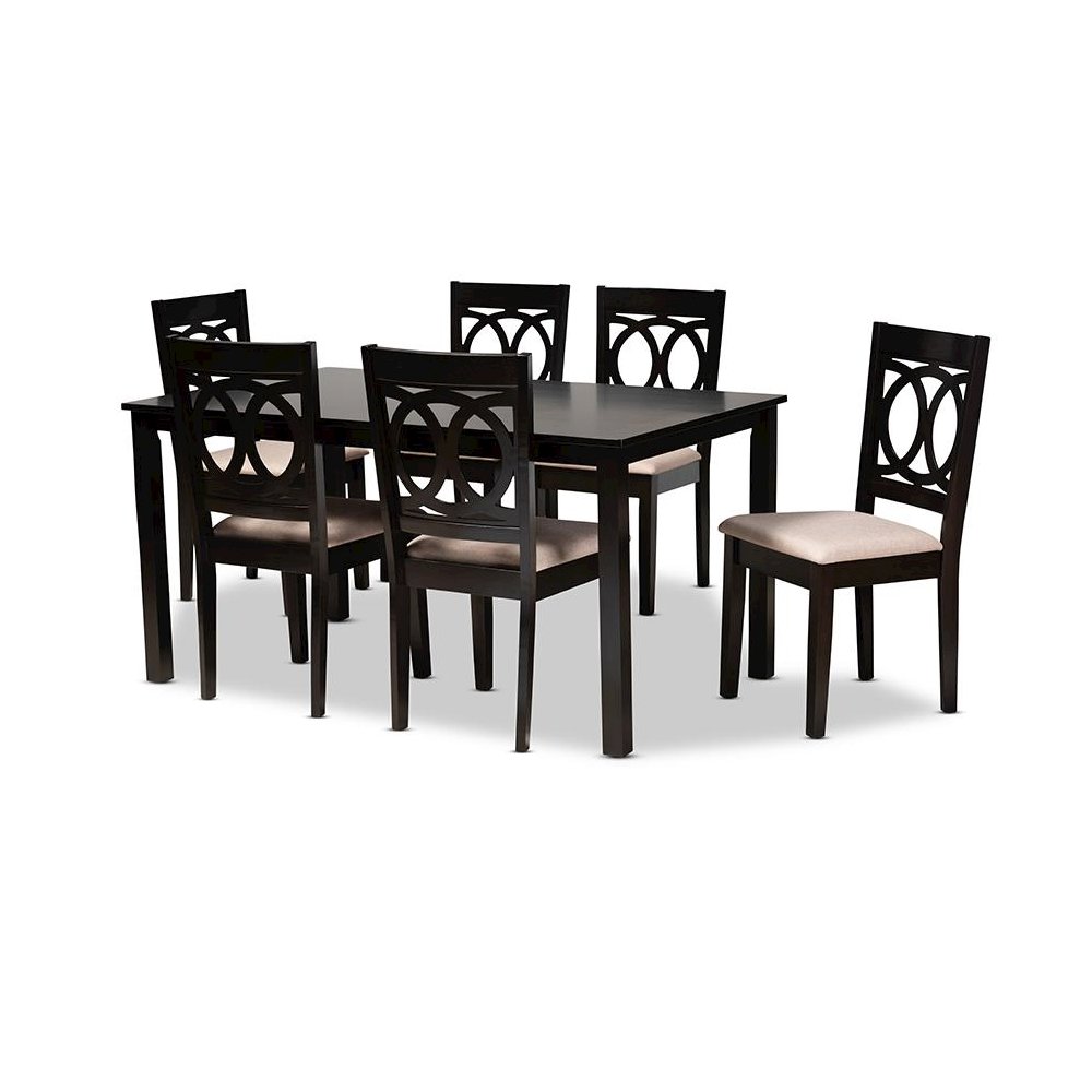 Sand Fabric Upholstered Espresso Brown Finished Wood 7-Piece Dining Set. Picture 1