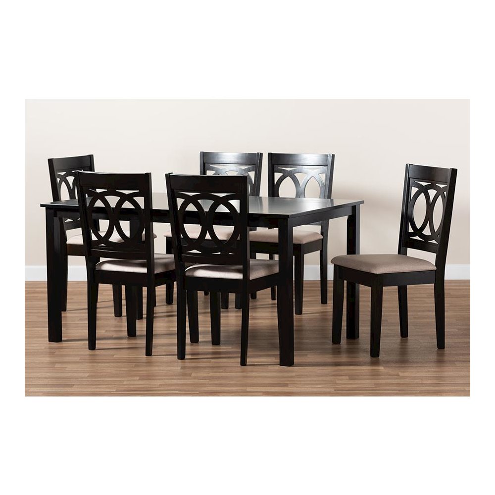 Sand Fabric Upholstered Espresso Brown Finished Wood 7-Piece Dining Set. Picture 6