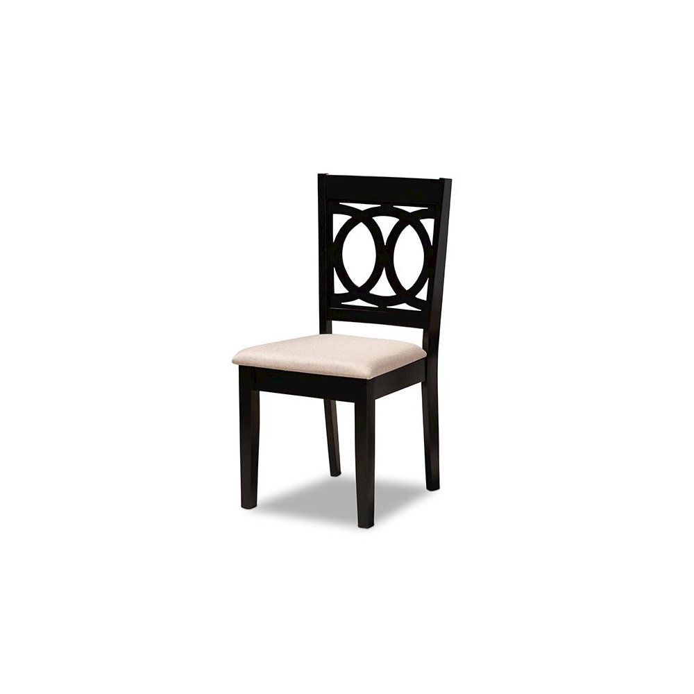 Sand Fabric Upholstered and Dark Brown Finished Wood 7-Piece Dining Set. Picture 2