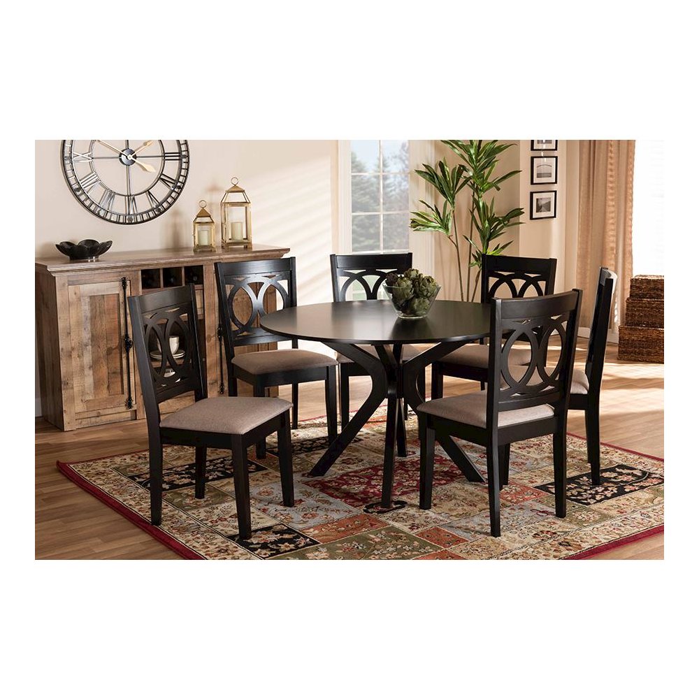 Sand Fabric Upholstered and Dark Brown Finished Wood 7-Piece Dining Set. Picture 6
