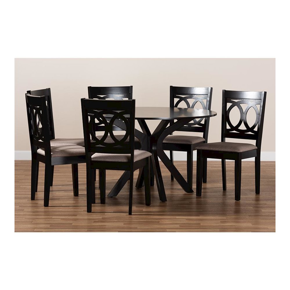 Sand Fabric Upholstered and Dark Brown Finished Wood 7-Piece Dining Set. Picture 7