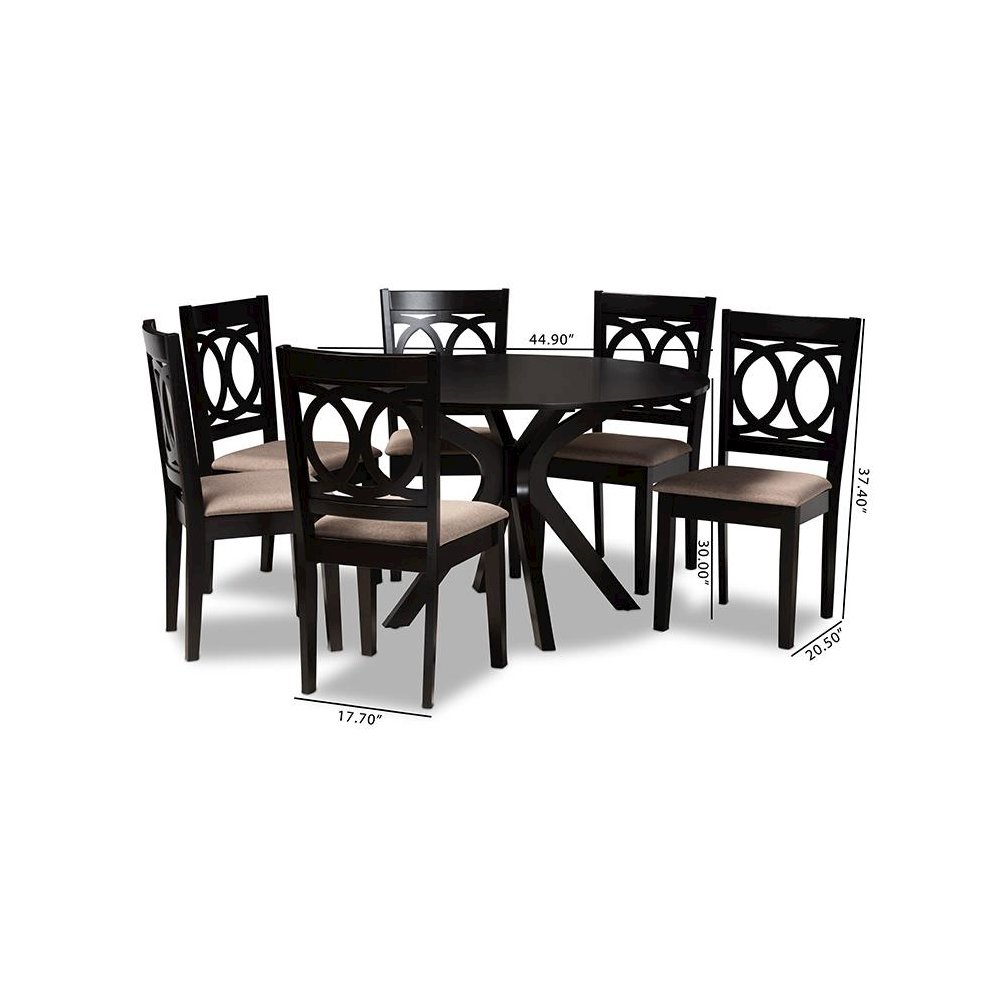 Sand Fabric Upholstered and Dark Brown Finished Wood 7-Piece Dining Set. Picture 8