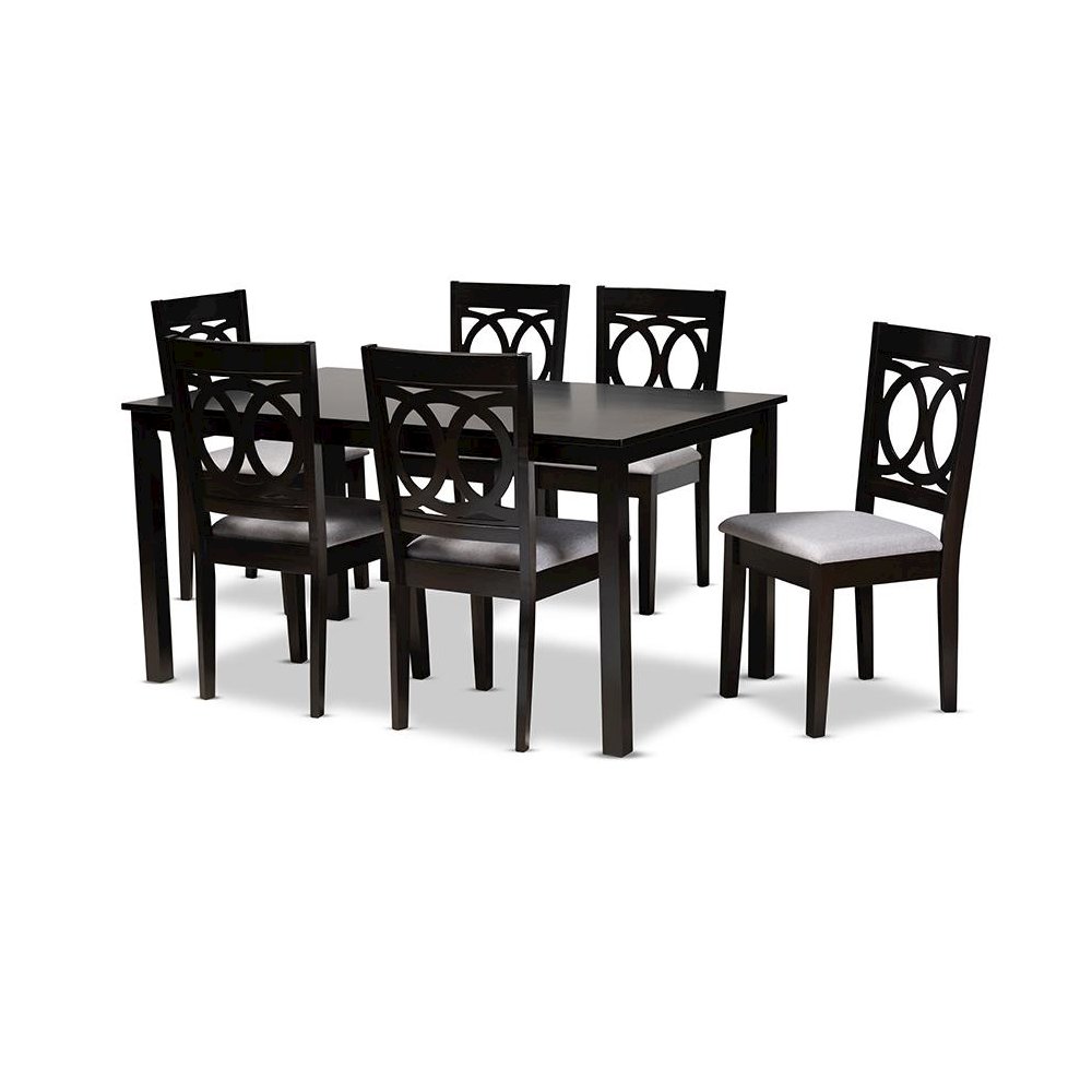Grey Fabric Upholstered Espresso Brown Finished Wood 7-Piece Dining Set. Picture 1