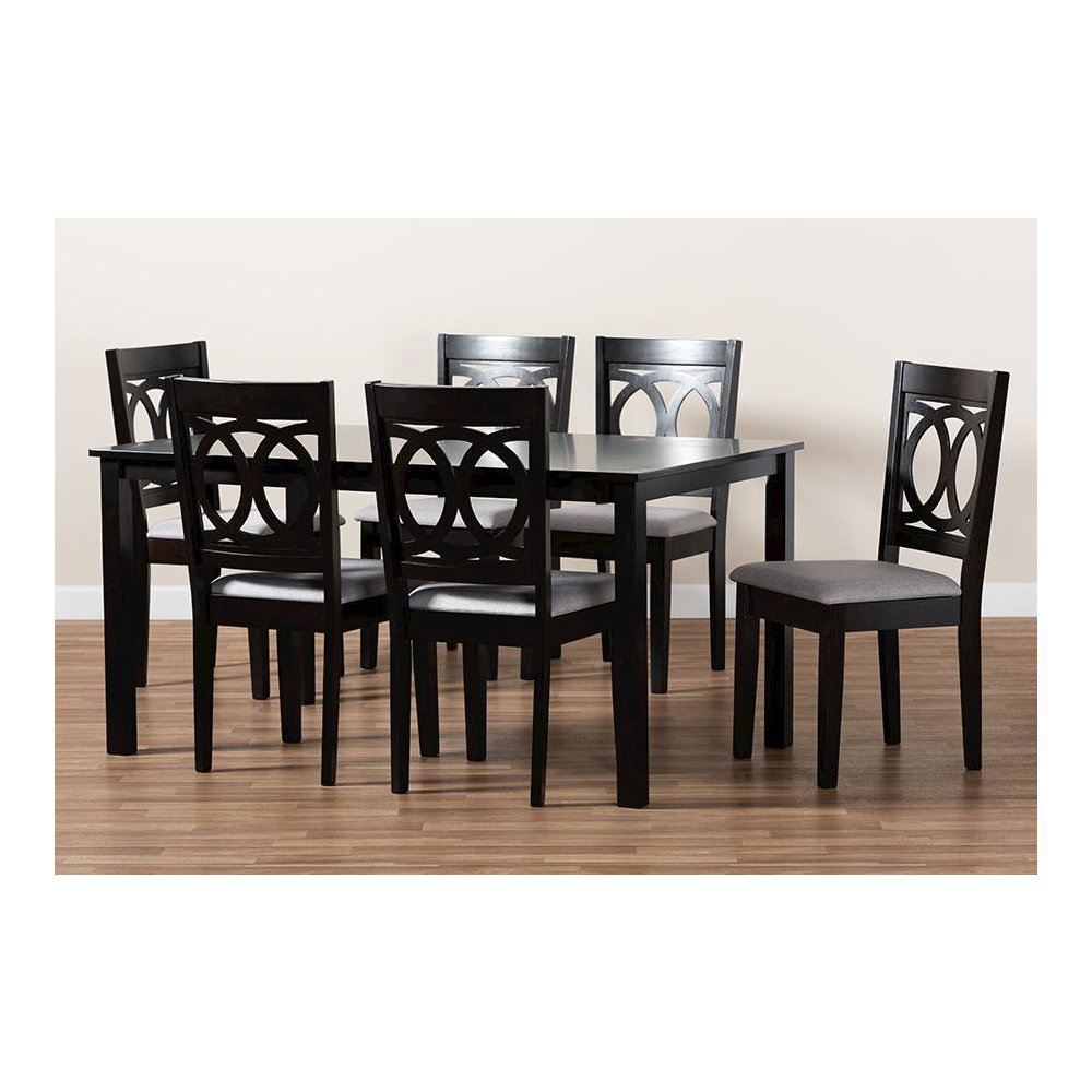 Grey Fabric Upholstered Espresso Brown Finished Wood 7-Piece Dining Set. Picture 6