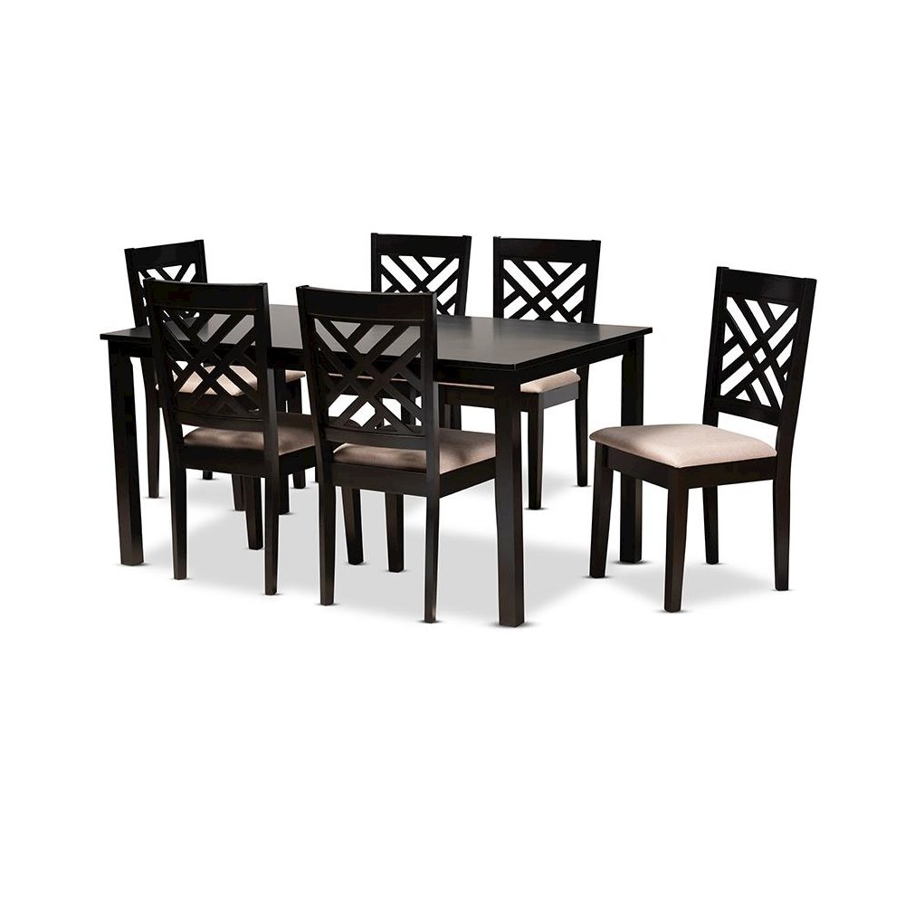 Sand Fabric Upholstered Espresso Brown Finished Wood 7-Piece Dining Set. Picture 1