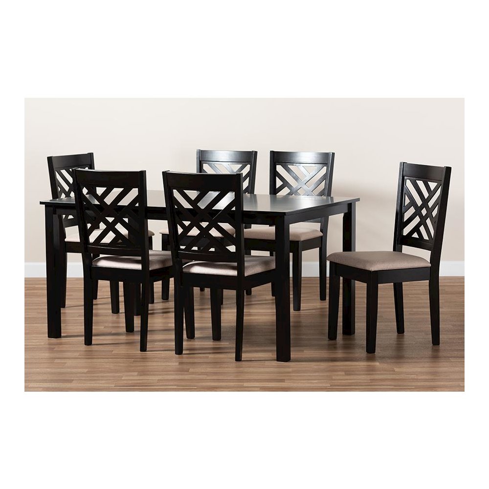 Sand Fabric Upholstered Espresso Brown Finished Wood 7-Piece Dining Set. Picture 6