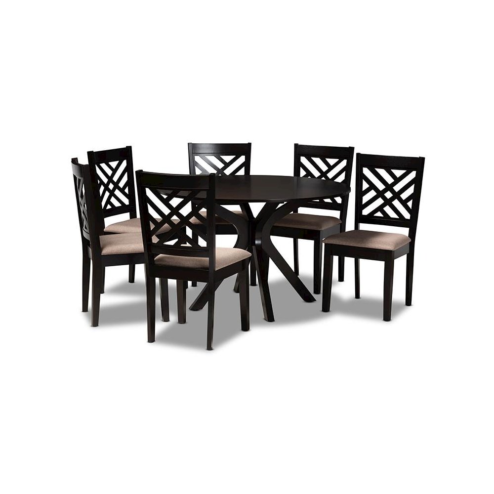 Sand Fabric Upholstered and Dark Brown Finished Wood 7-Piece Dining Set. Picture 1