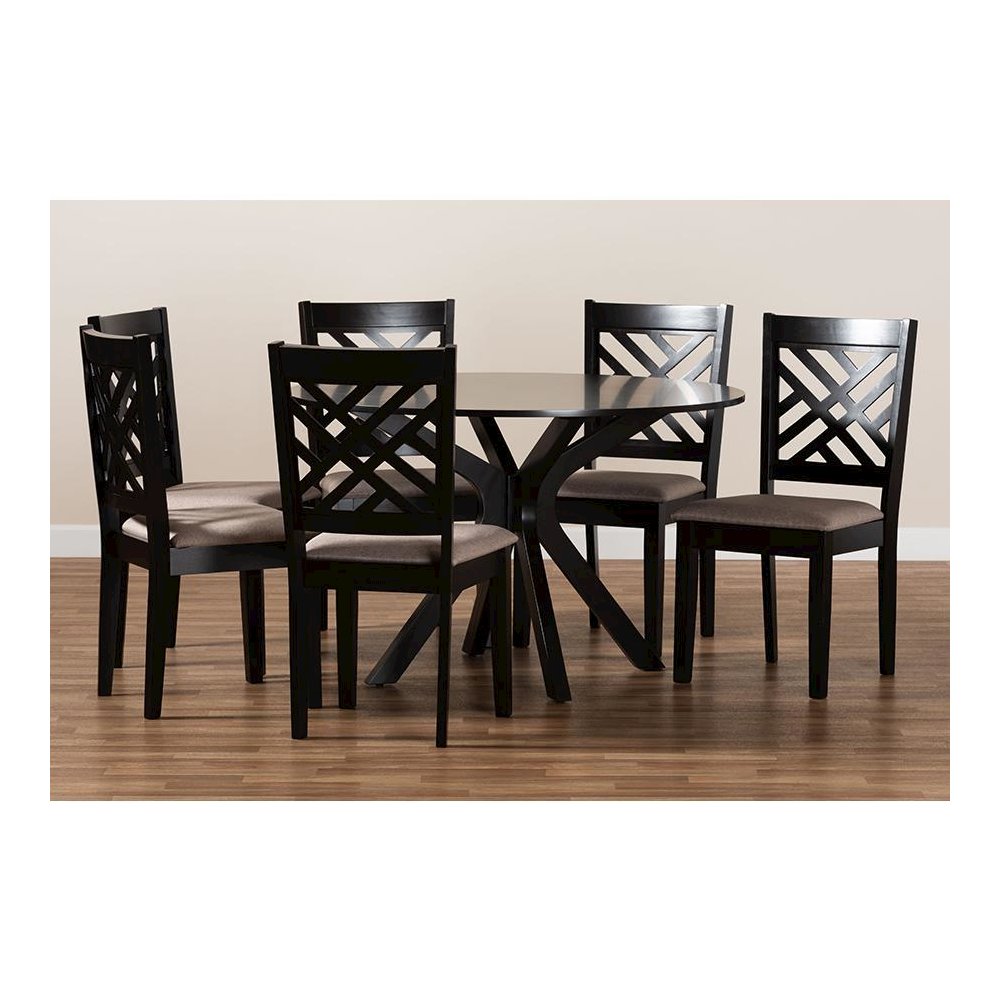 Sand Fabric Upholstered and Dark Brown Finished Wood 7-Piece Dining Set. Picture 7