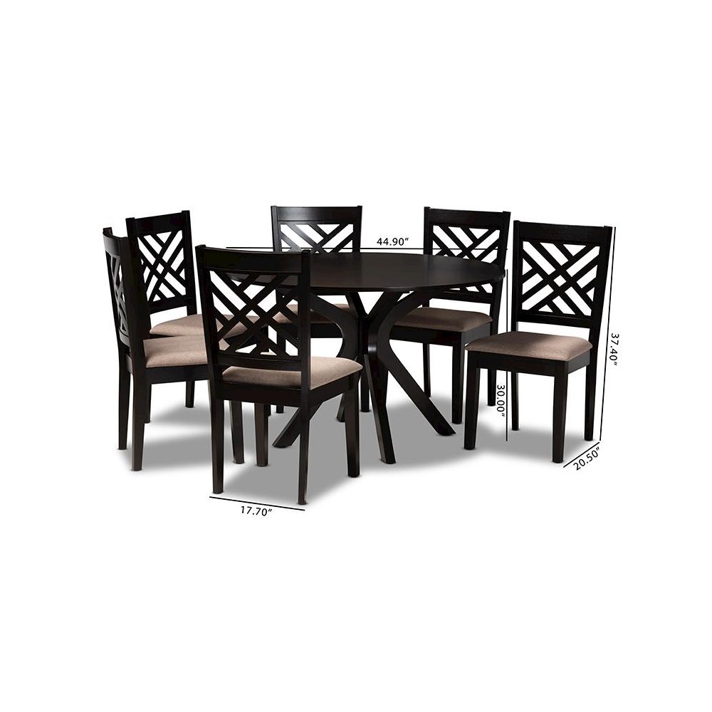Sand Fabric Upholstered and Dark Brown Finished Wood 7-Piece Dining Set. Picture 8