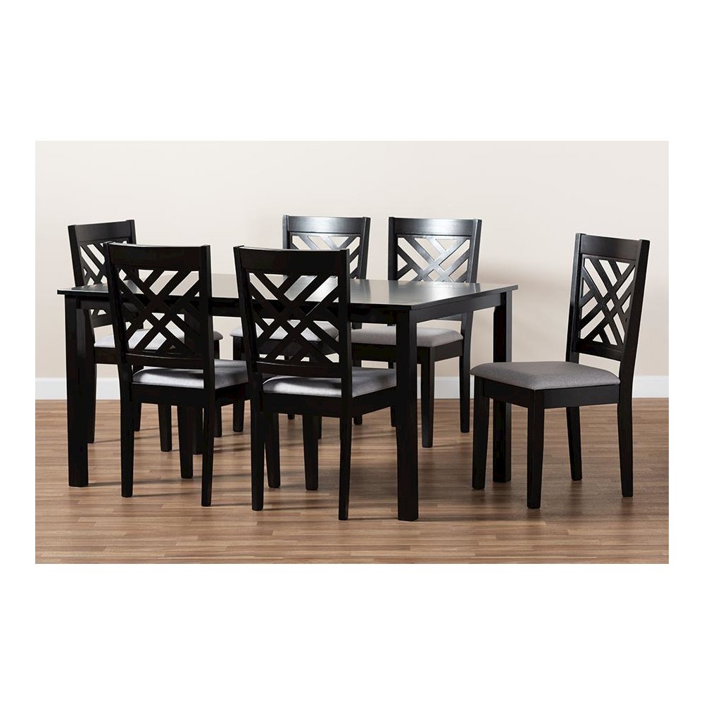 Grey Fabric Upholstered Espresso Brown Finished Wood 7-Piece Dining Set. Picture 6