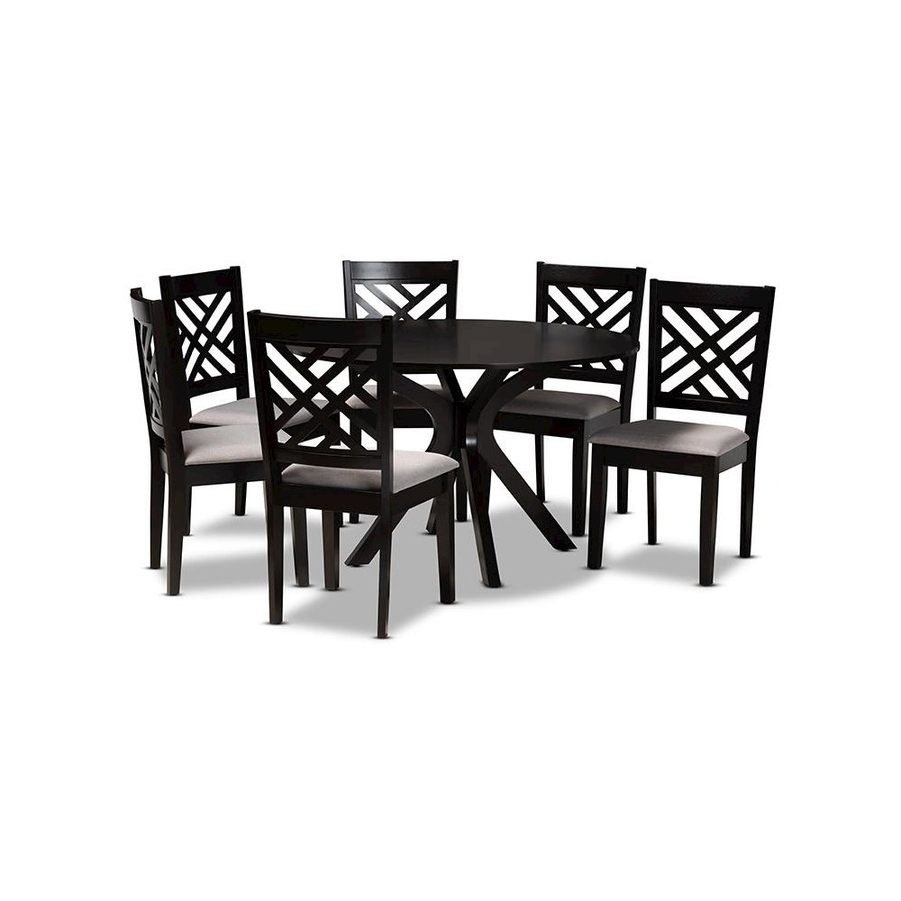 Grey Fabric Upholstered and Dark Brown Finished Wood 7-Piece Dining Set. Picture 1