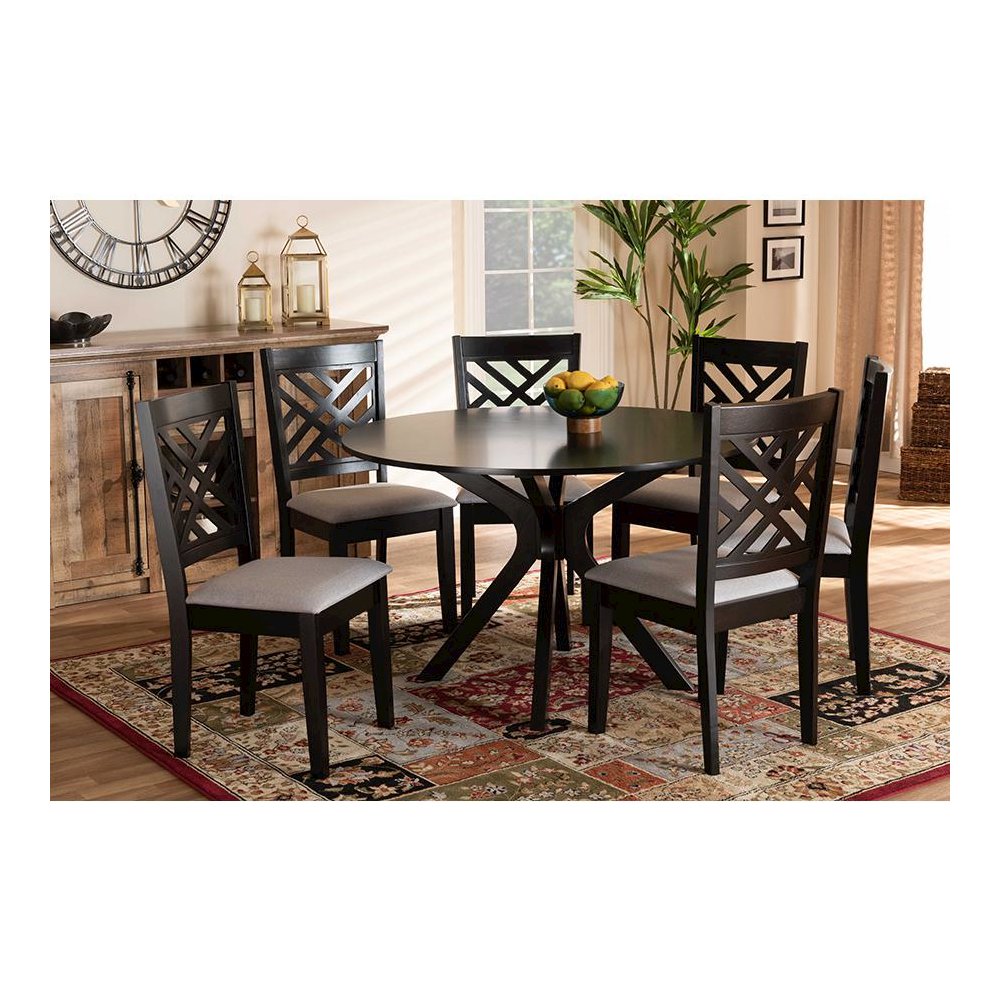 Grey Fabric Upholstered and Dark Brown Finished Wood 7-Piece Dining Set. Picture 6