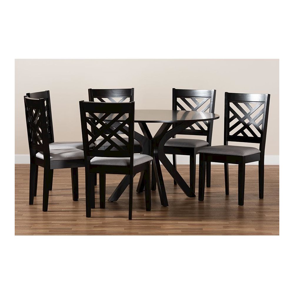 Grey Fabric Upholstered and Dark Brown Finished Wood 7-Piece Dining Set. Picture 7