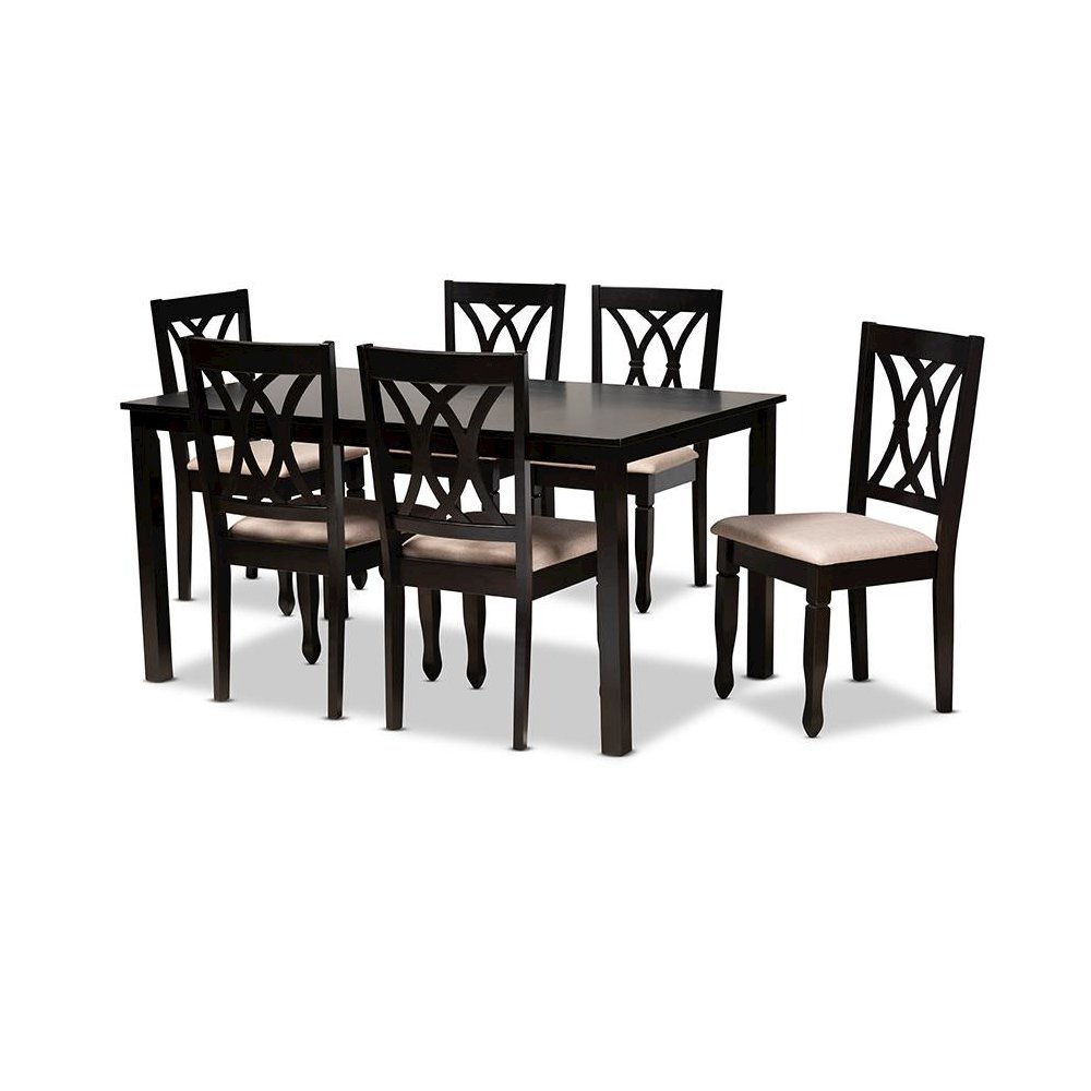 Sand Fabric Upholstered Espresso Brown Finished Wood 7-Piece Dining Set. Picture 1