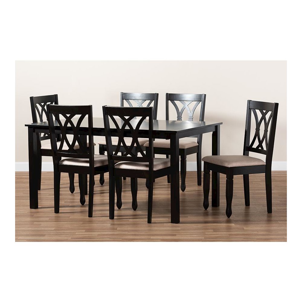 Sand Fabric Upholstered Espresso Brown Finished Wood 7-Piece Dining Set. Picture 7