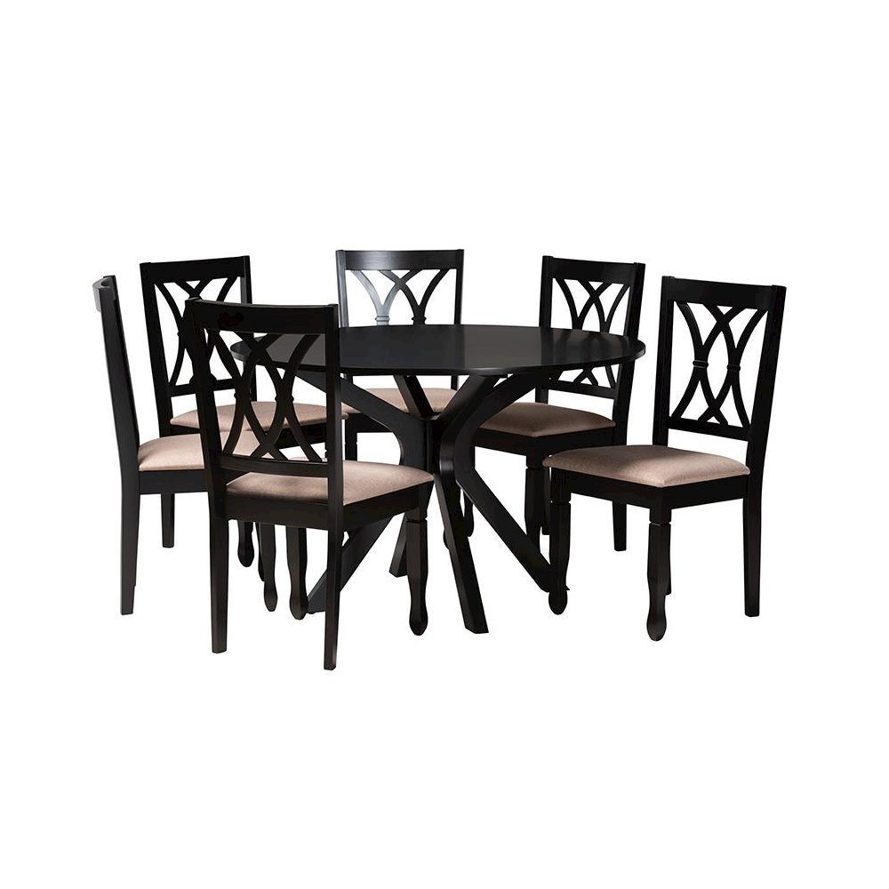 Maya Modern Beige Fabric and Espresso Brown Finished Wood 7-Piece Dining Set. Picture 1