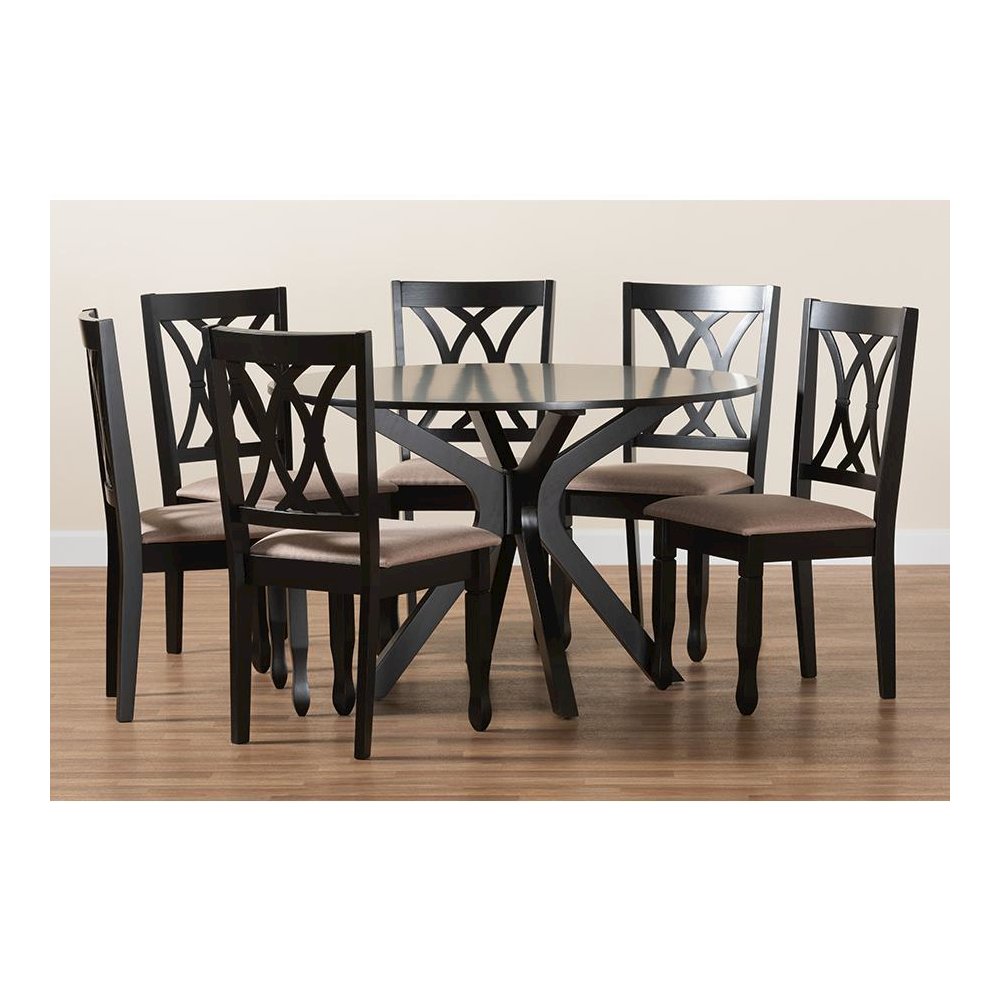 Maya Modern Beige Fabric and Espresso Brown Finished Wood 7-Piece Dining Set. Picture 9