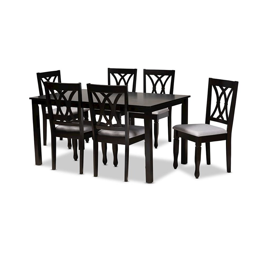 Grey Fabric Upholstered Espresso Brown Finished Wood 7-Piece Dining Set. Picture 1