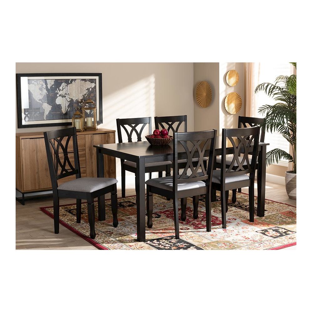 Grey Fabric Upholstered Espresso Brown Finished Wood 7-Piece Dining Set. Picture 6