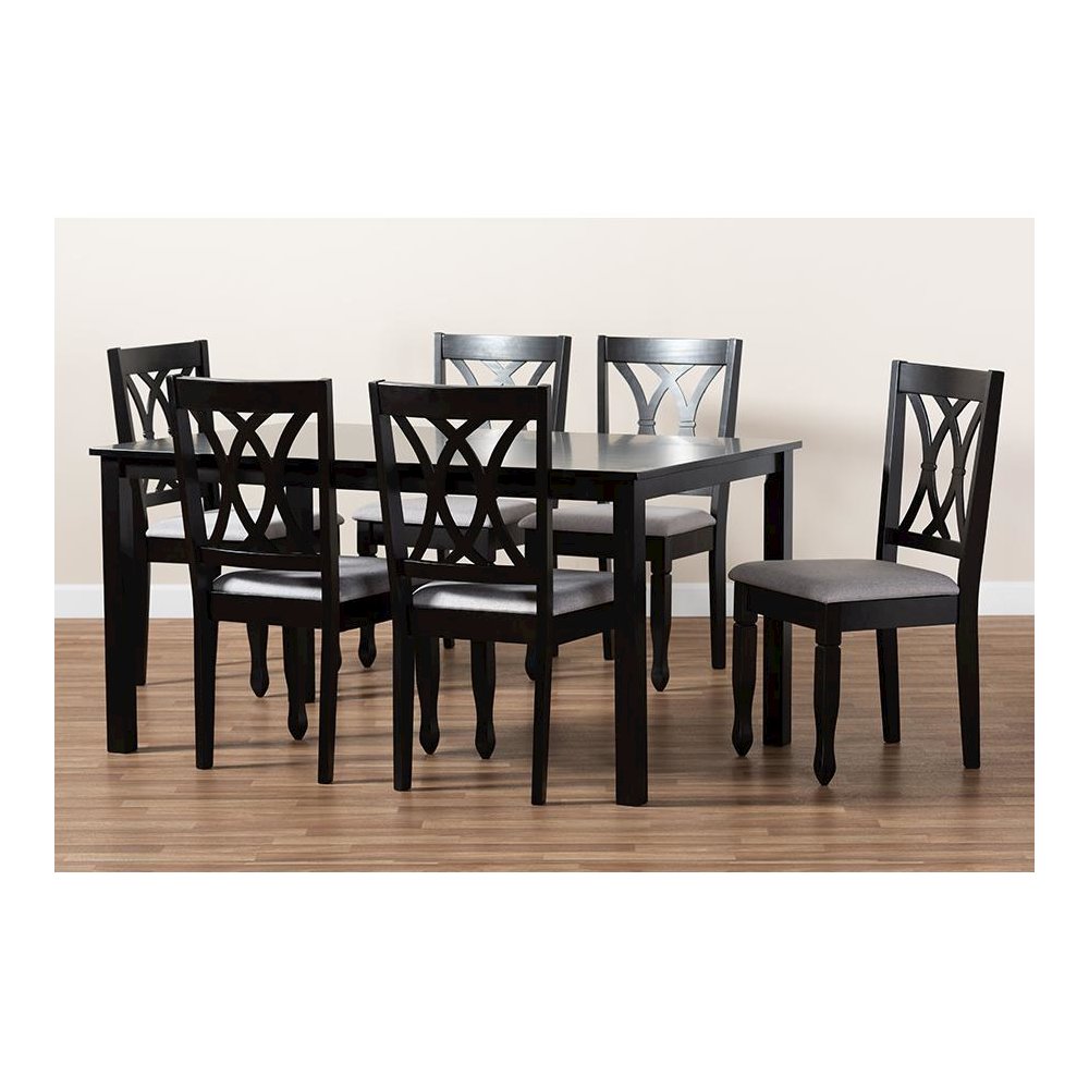 Grey Fabric Upholstered Espresso Brown Finished Wood 7-Piece Dining Set. Picture 7