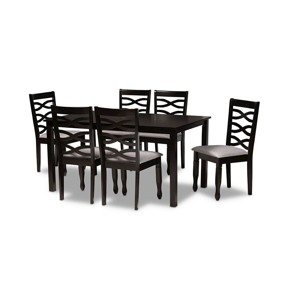 Grey Fabric Upholstered and Dark Brown Finished Wood 7-Piece Dining Set. Picture 1