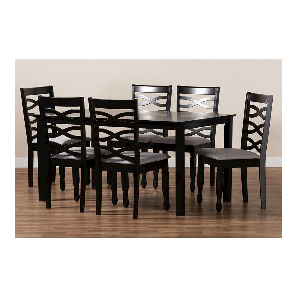 Grey Fabric Upholstered and Dark Brown Finished Wood 7-Piece Dining Set. Picture 8