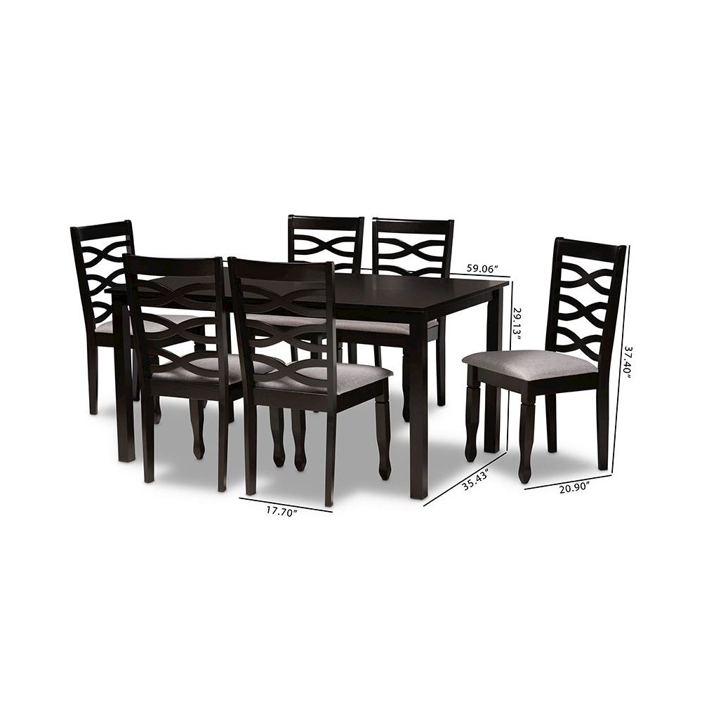 Grey Fabric Upholstered and Dark Brown Finished Wood 7-Piece Dining Set. Picture 9