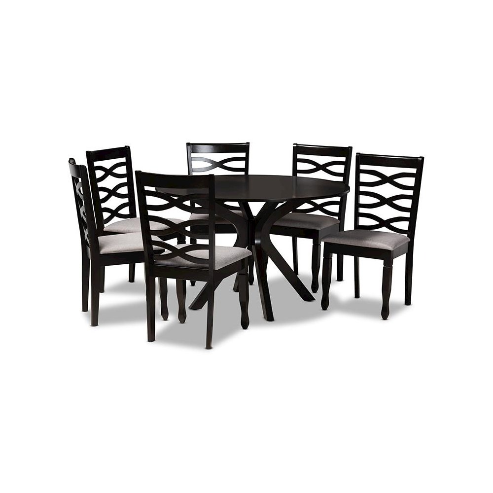 Grey Fabric Upholstered and Dark Brown Finished Wood 7-Piece Dining Set. Picture 1