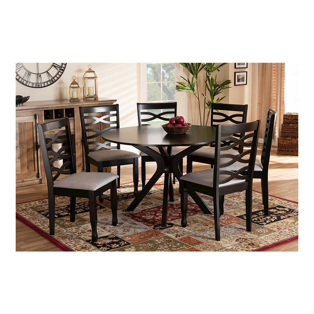 Grey Fabric Upholstered and Dark Brown Finished Wood 7-Piece Dining Set. Picture 7