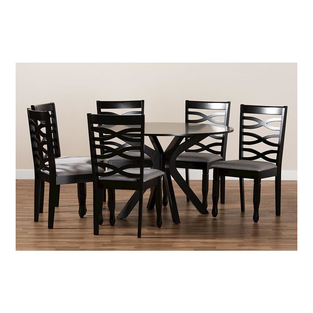 Grey Fabric Upholstered and Dark Brown Finished Wood 7-Piece Dining Set. Picture 8
