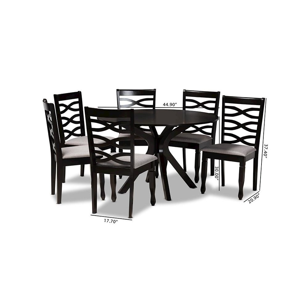 Grey Fabric Upholstered and Dark Brown Finished Wood 7-Piece Dining Set. Picture 9