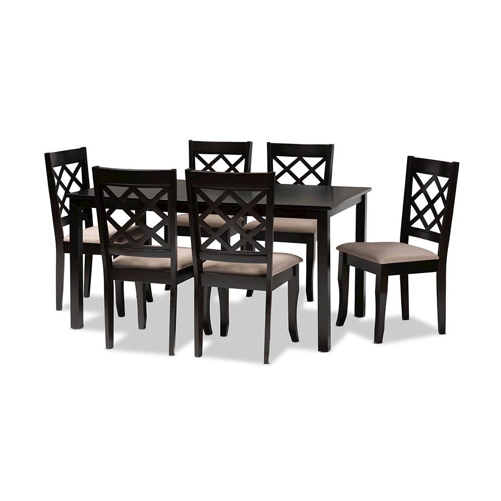 Sand Fabric Upholstered Dark Brown Finished 7-Piece Wood Dining Set. Picture 1