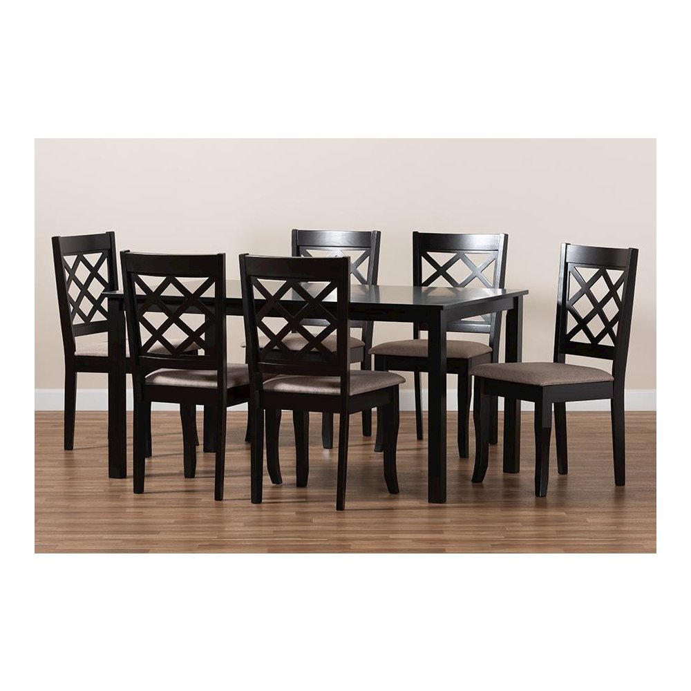 Sand Fabric Upholstered Dark Brown Finished 7-Piece Wood Dining Set. Picture 8