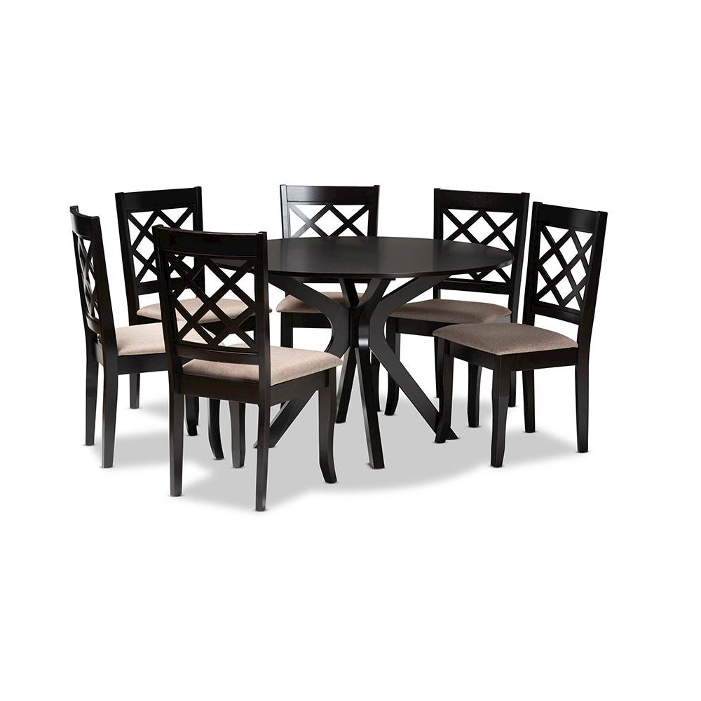 Sand Fabric Upholstered and Dark Brown Finished Wood 7-Piece Dining Set. Picture 1