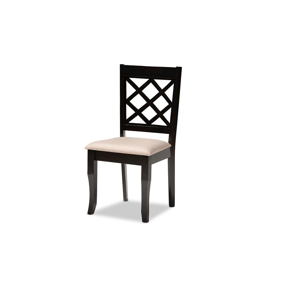 Sand Fabric Upholstered and Dark Brown Finished Wood 7-Piece Dining Set. Picture 2