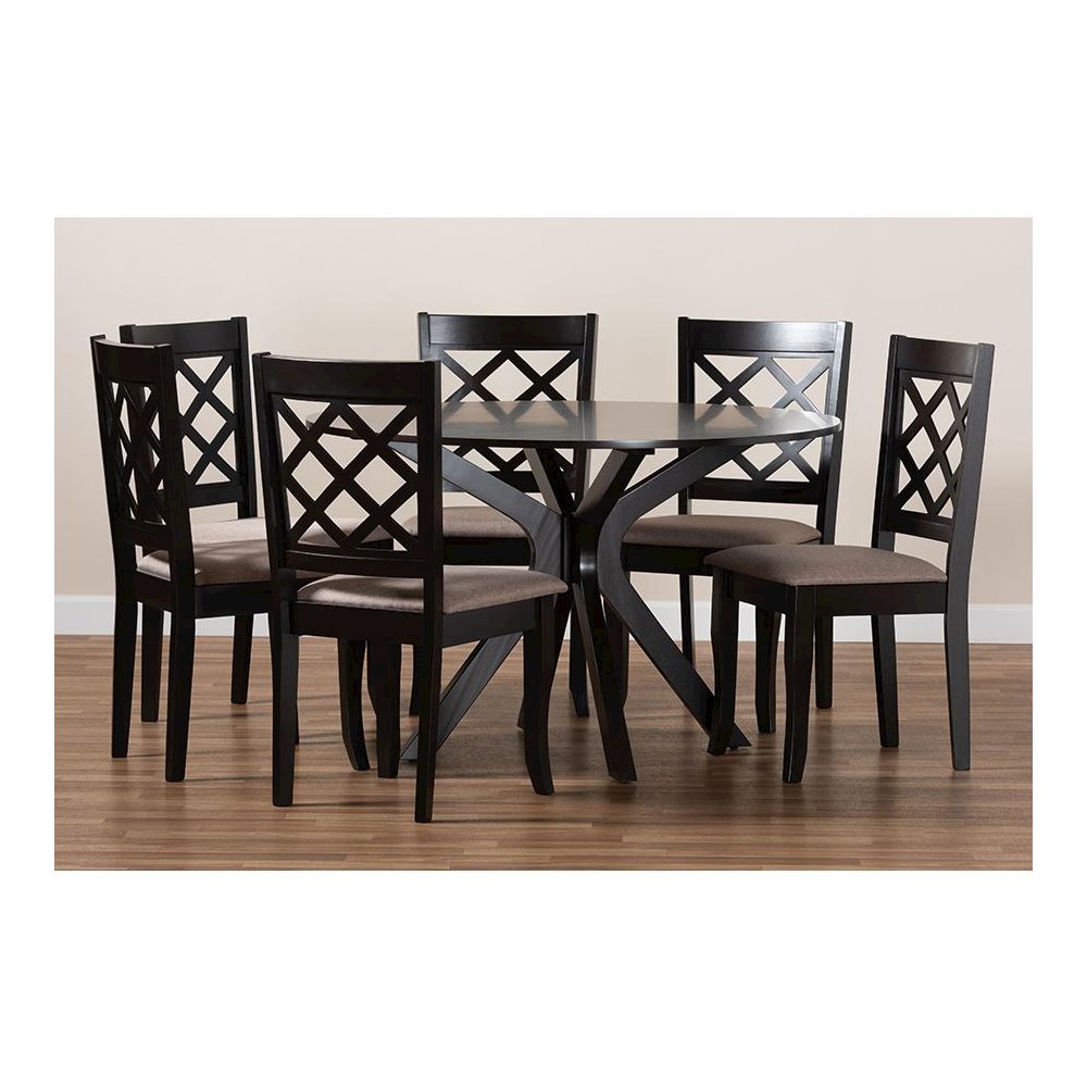 Sand Fabric Upholstered and Dark Brown Finished Wood 7-Piece Dining Set. Picture 8