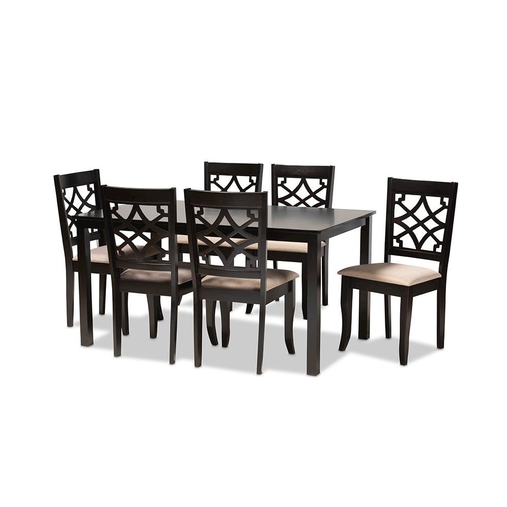 Sand Fabric Upholstered and Espresso Brown Finished Wood 7-Piece Dining Set. Picture 1