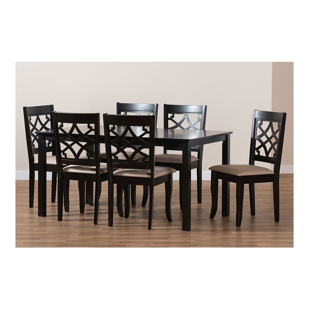 Sand Fabric Upholstered and Espresso Brown Finished Wood 7-Piece Dining Set. Picture 7