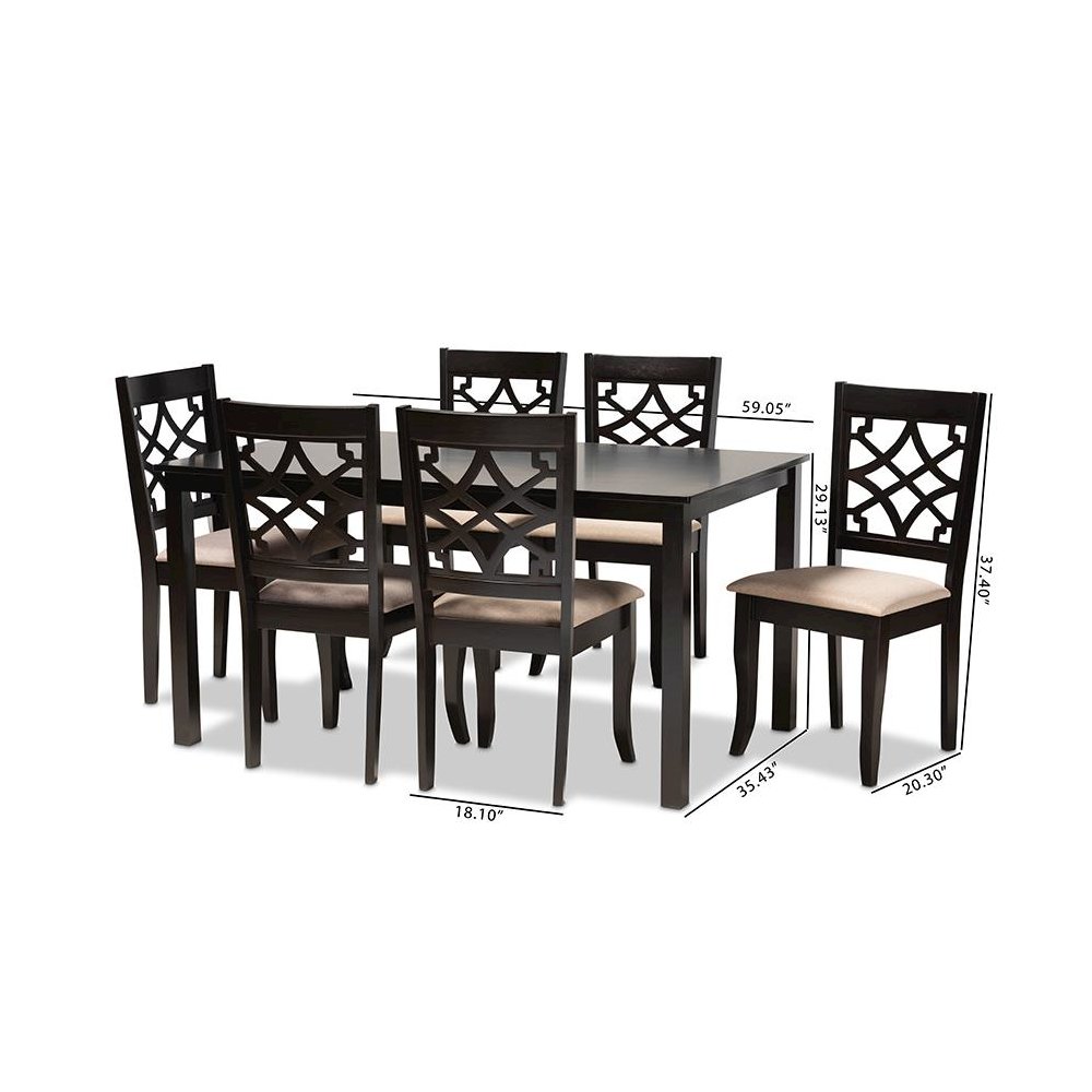 Sand Fabric Upholstered and Espresso Brown Finished Wood 7-Piece Dining Set. Picture 8