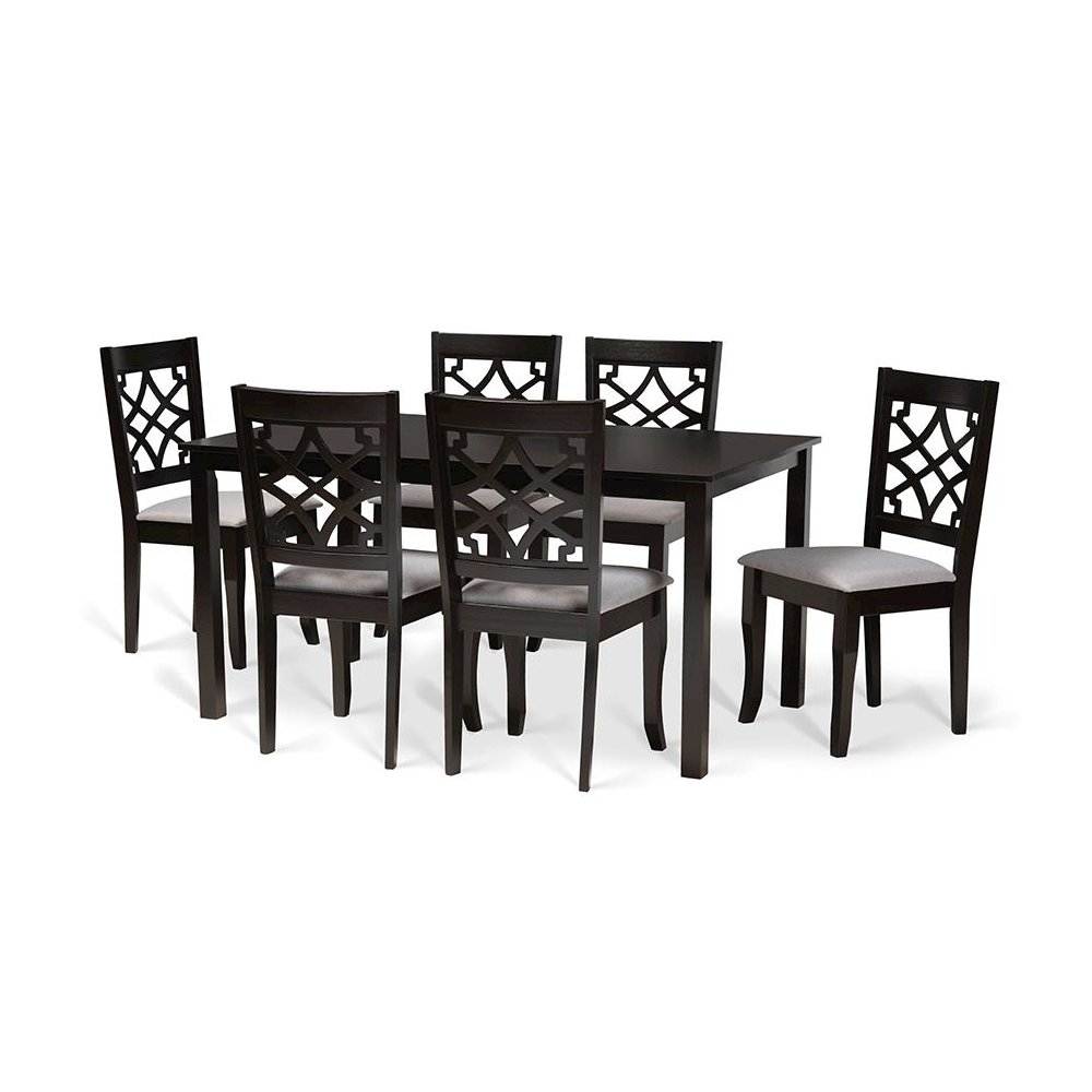 Grey Fabric Upholstered and Dark Brown Finished Wood 7-Piece Dining Set. Picture 1