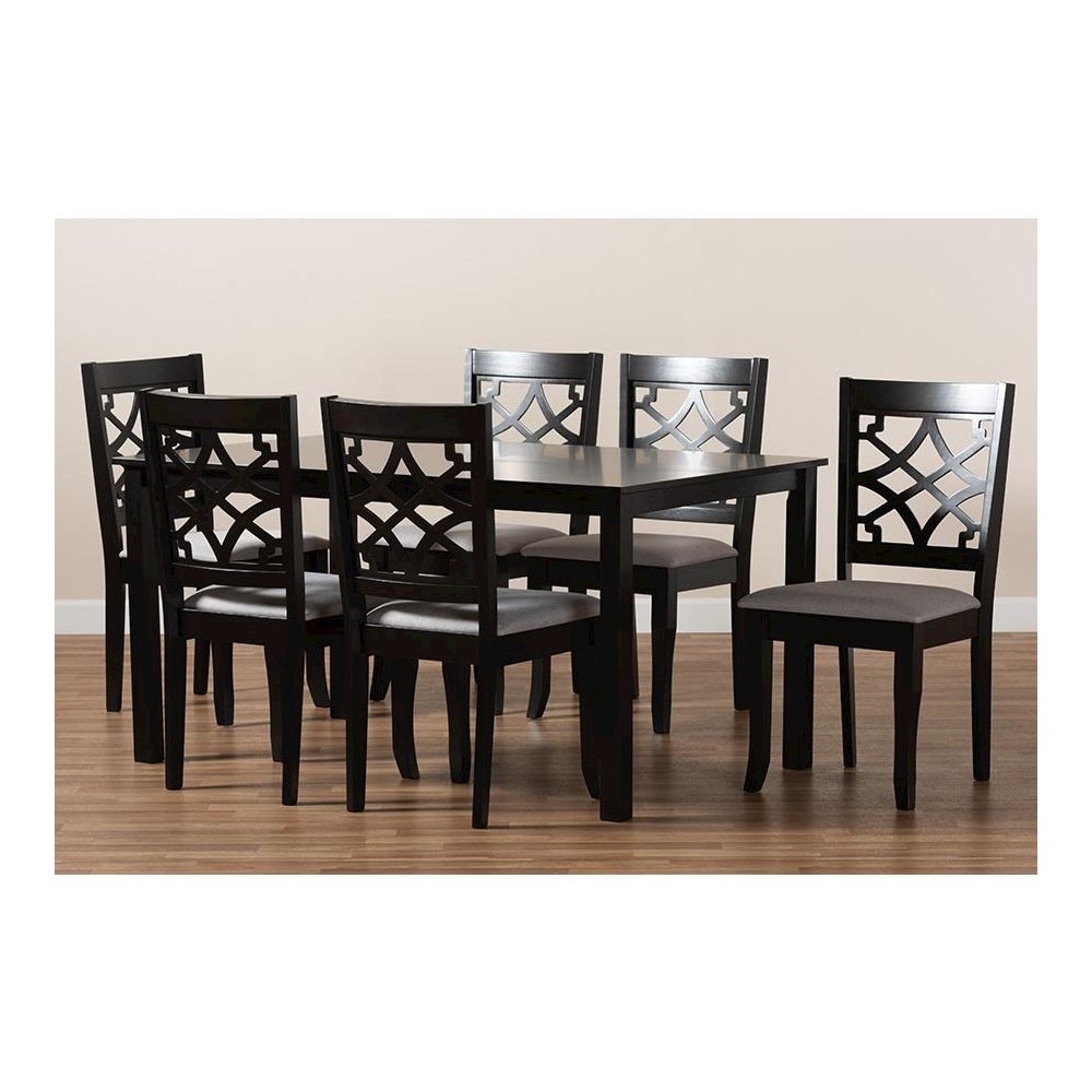 Grey Fabric Upholstered and Dark Brown Finished Wood 7-Piece Dining Set. Picture 8
