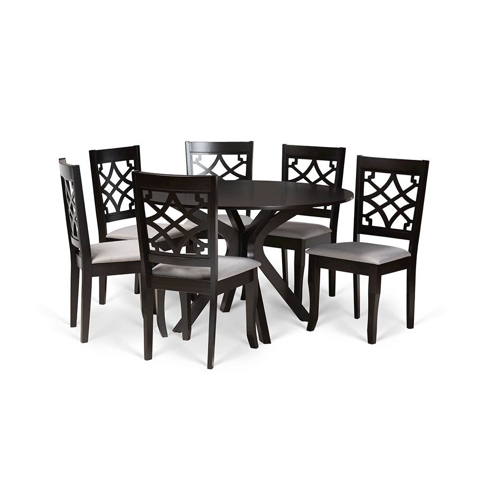 Grey Fabric Upholstered and Dark Brown Finished Wood 7-Piece Dining Set. Picture 1