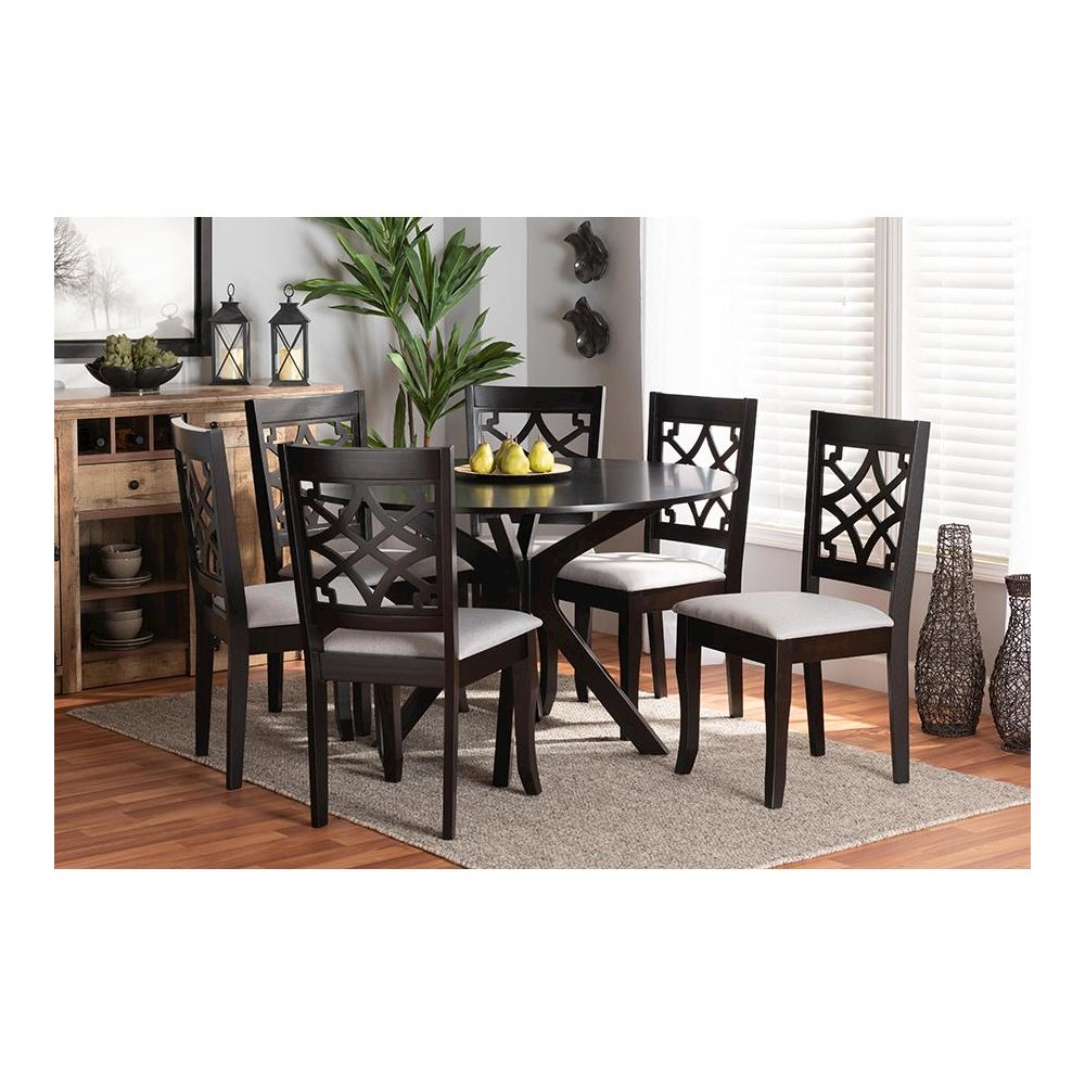Grey Fabric Upholstered and Dark Brown Finished Wood 7-Piece Dining Set. Picture 7