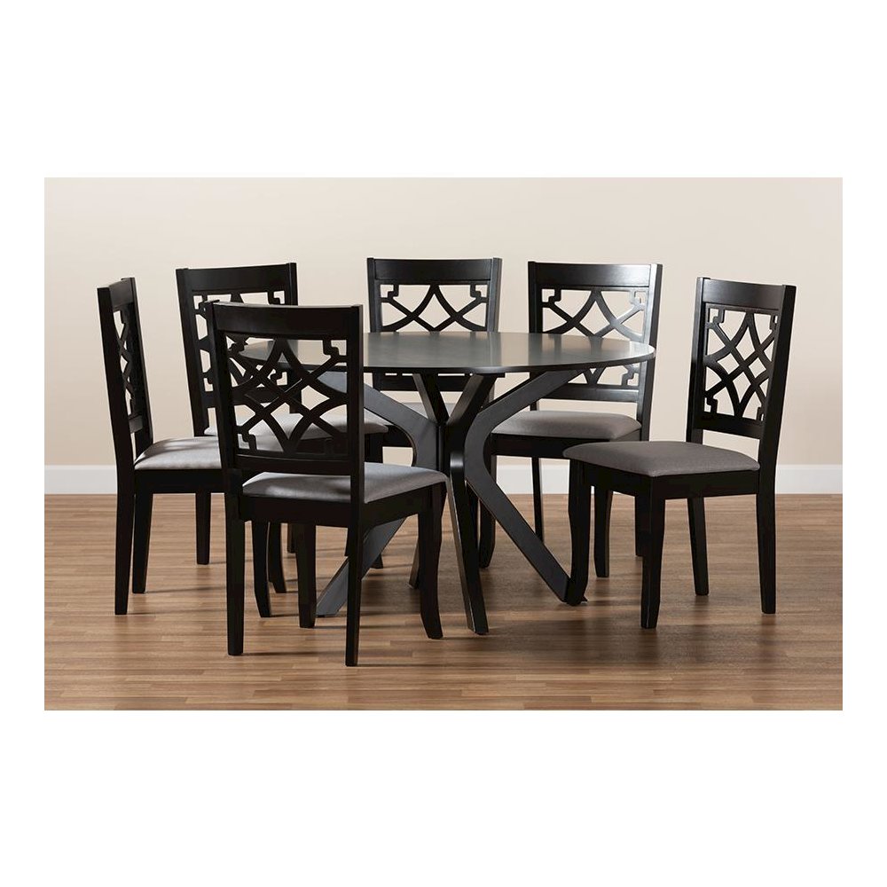 Grey Fabric Upholstered and Dark Brown Finished Wood 7-Piece Dining Set. Picture 8
