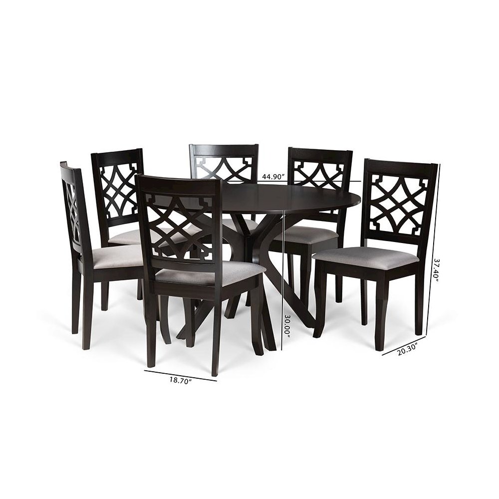 Grey Fabric Upholstered and Dark Brown Finished Wood 7-Piece Dining Set. Picture 9